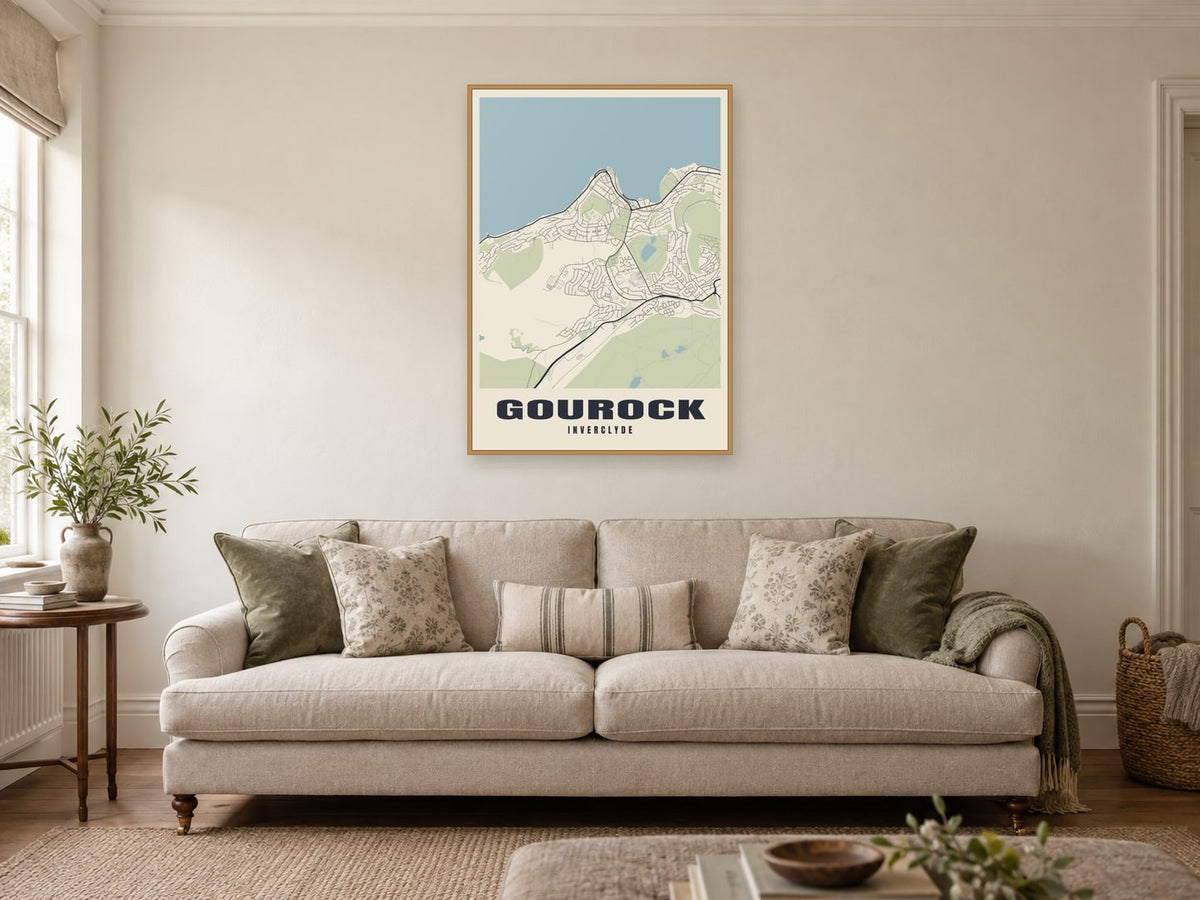 Gourock Street Map Poster at A1, in a natural wood frame, in a sitting room