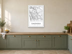 Granada City Centre Street Map Poster at A1, in a white frame, in a kitchen