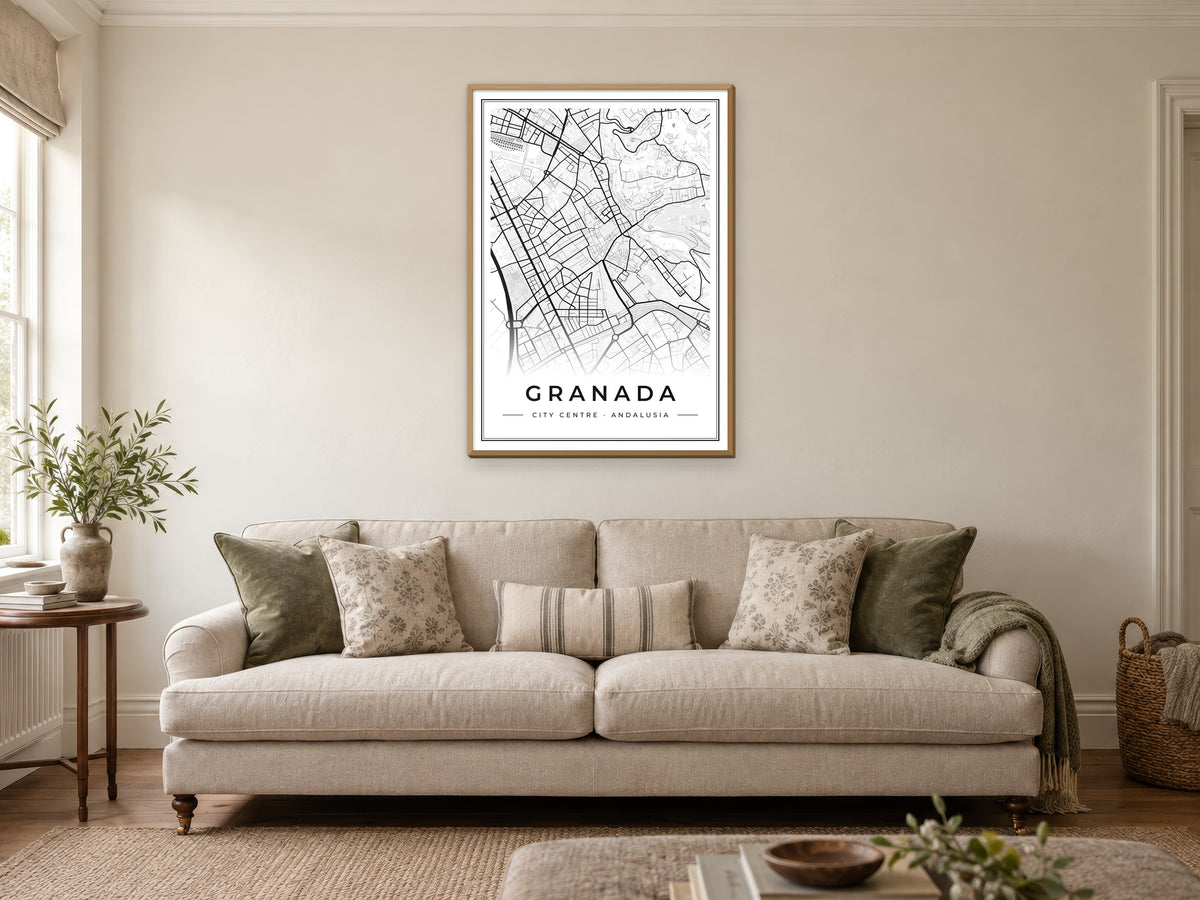 Granada City Centre Street Map Poster at A1, in a natural wood frame, in a sitting room