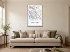Granada City Centre Street Map Poster at A1, in a natural wood frame, in a sitting room