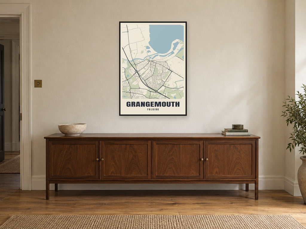 Grangemouth Street Map Poster at A1, in a black frame, above a sideboard