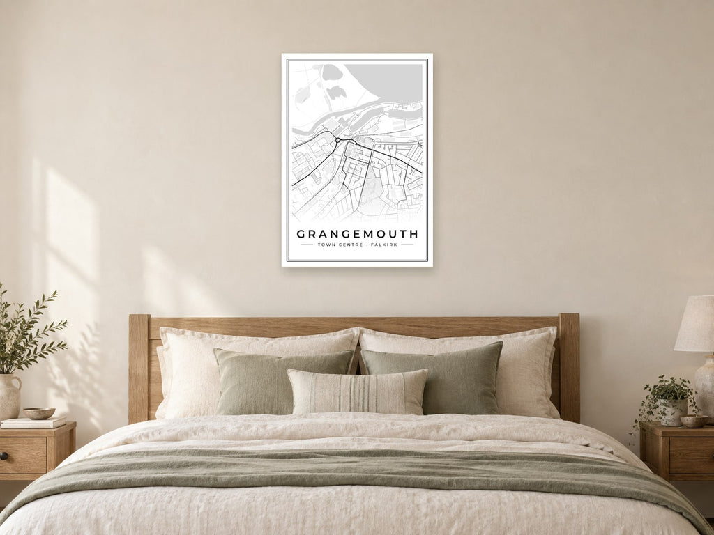 Grangemouth Town Centre Street Map Poster at A1, as a poster, above a bed