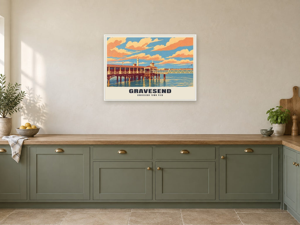 Gravesend Town Pier Poster at A1, in a white frame, in a kitchen