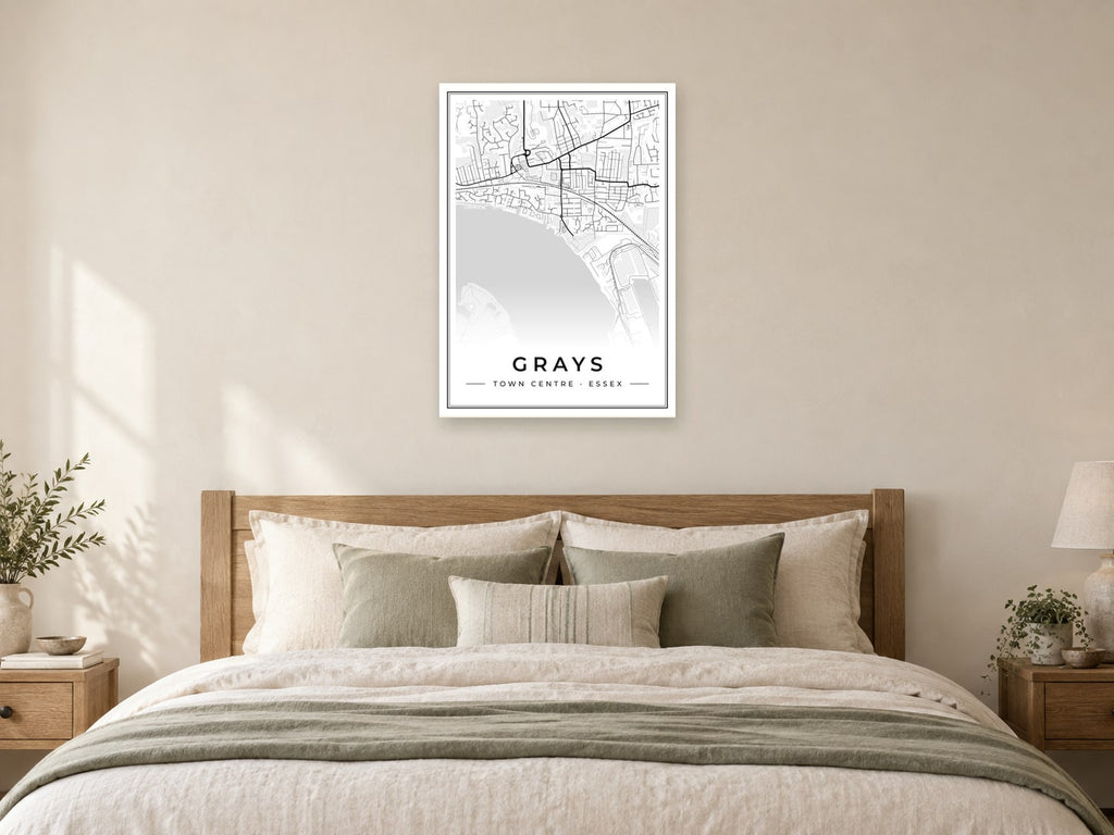 Grays Town Centre Street Map Poster at A1, as a poster, above a bed