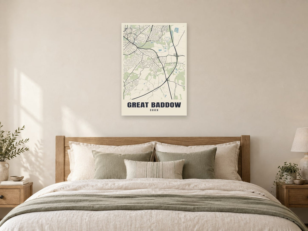 Great Baddow Street Map Poster at A1, as a poster, above a bed