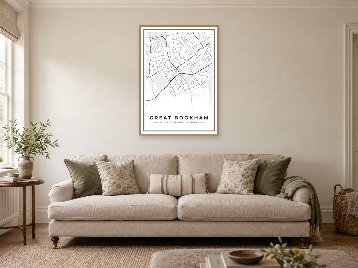 Great Bookham Village Centre Street Map Poster at A1, in a natural wood frame, in a sitting room