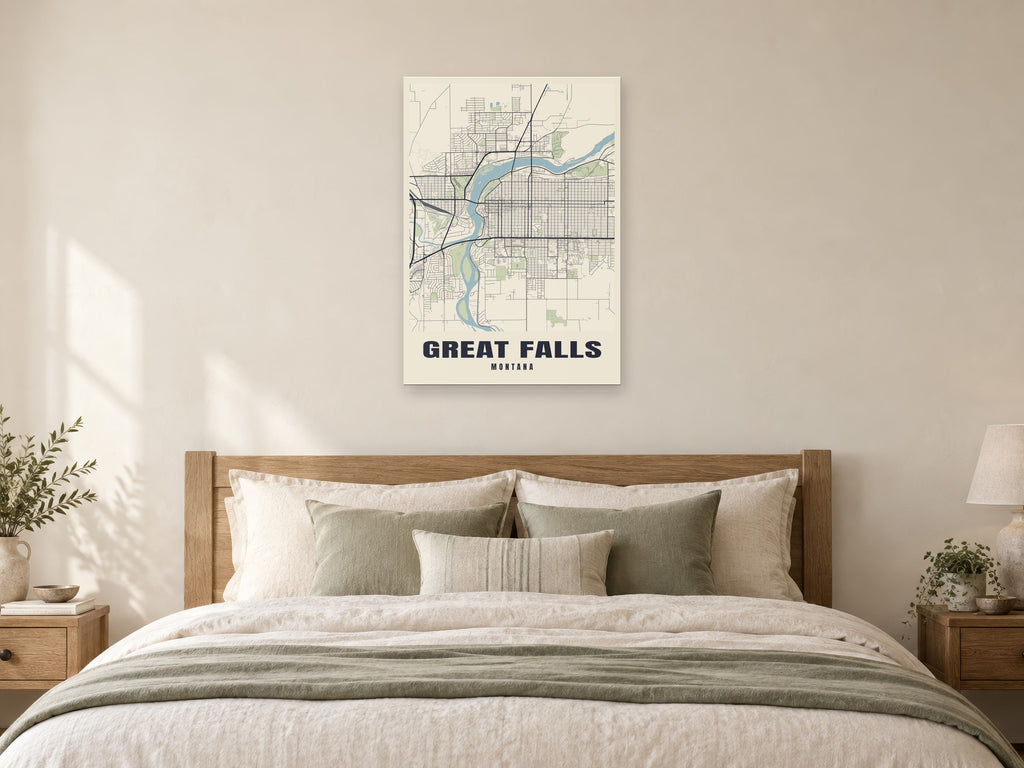 Great Falls Street Map Poster at A1, as a poster, above a bed