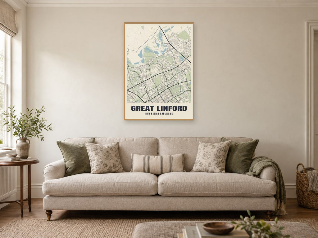 Great Linford Street Map Poster at A1, in a natural wood frame, in a sitting room