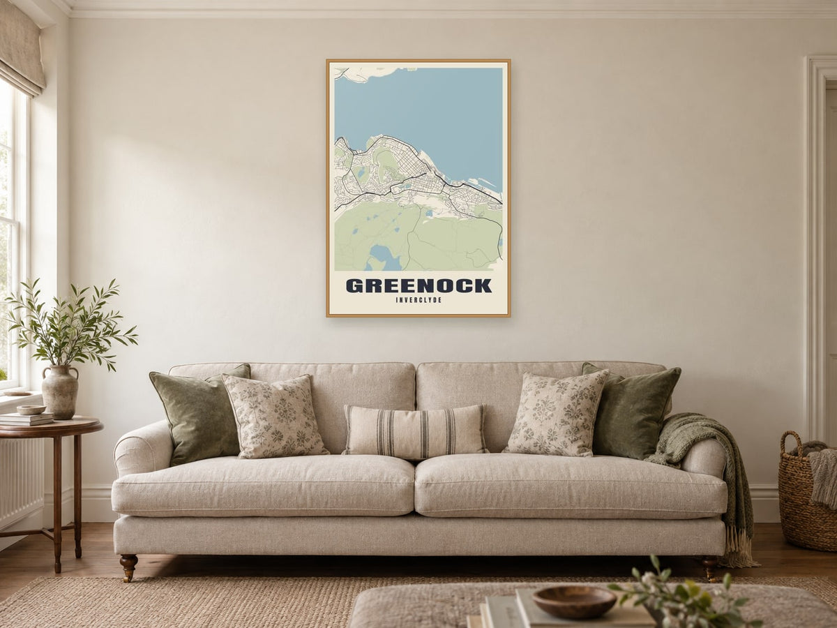 Greenock Street Map Poster at A1, in a natural wood frame, in a sitting room