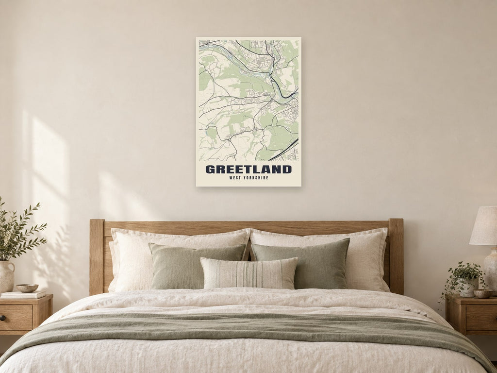 Greetland Street Map Poster at A1, as a poster, above a bed
