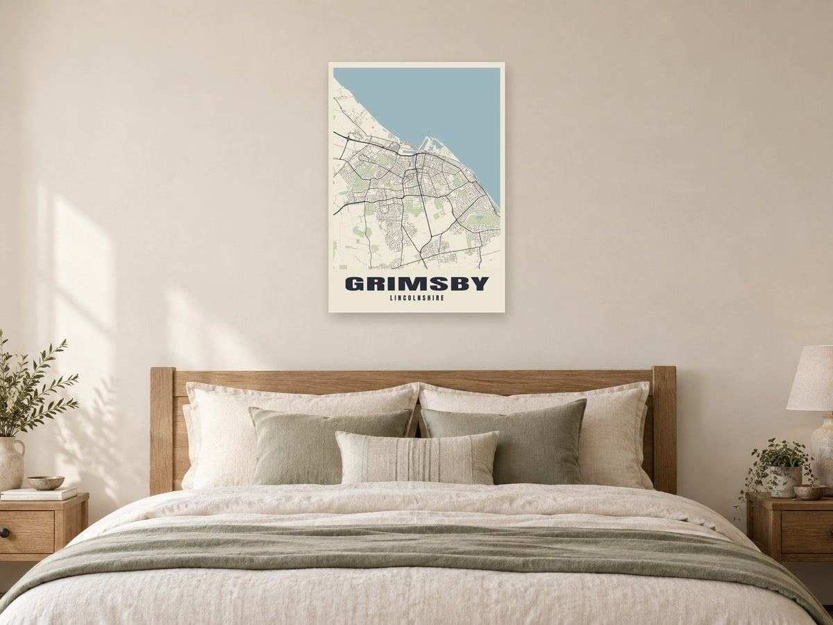 Grimsby Street Map Poster at A1, as a poster, above a bed