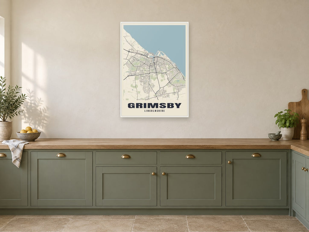 Grimsby Street Map Poster at A1, in a white frame, in a kitchen