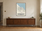 Grimsby Street Map Poster at A1, in a black frame, above a sideboard