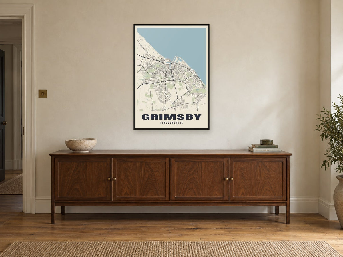 Grimsby Street Map Poster at A1, in a black frame, above a sideboard