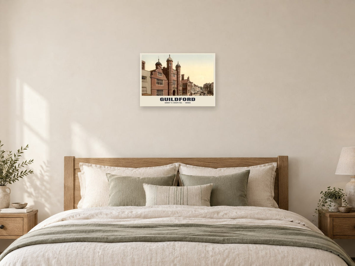 Abbot's Hospital, Guildford, 1890s Heritage Print at A2, as a poster, above a bed