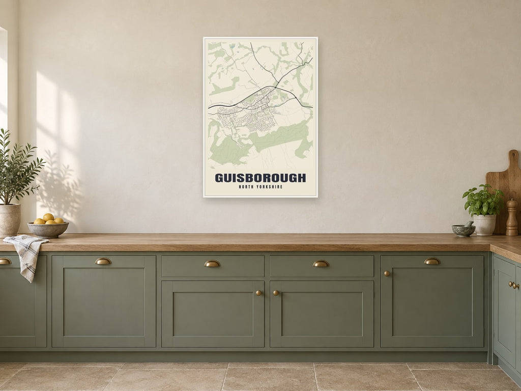 Guisborough Street Map Poster at A1, in a white frame, in a kitchen