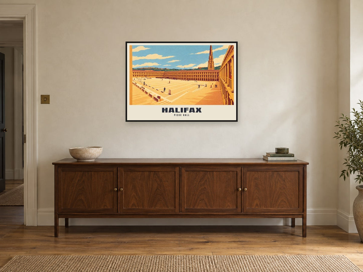Piece Hall, Halifax Poster at A1, in a black frame, above a sideboard