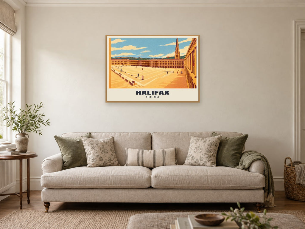 Piece Hall, Halifax Poster at A1, in a natural wood frame, in a sitting room