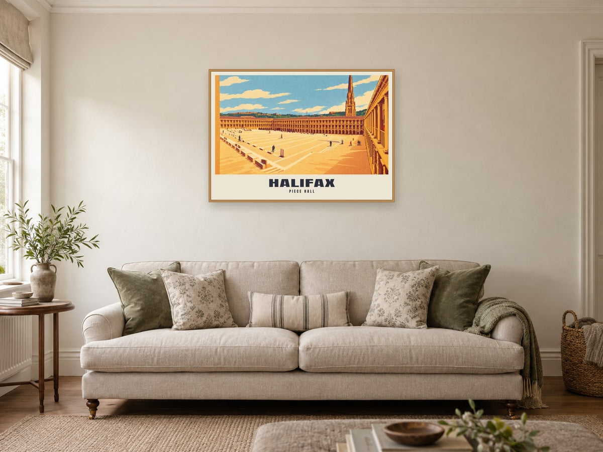 Piece Hall, Halifax Poster at A1, in a natural wood frame, in a sitting room