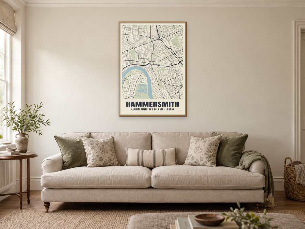 Hammersmith Heritage Street Map Poster at A1, in a natural wood frame, in a sitting room