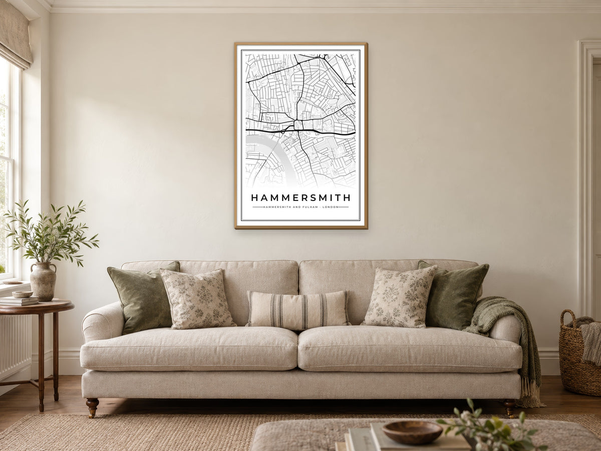 Hammersmith Street Map Poster at A1, in a natural wood frame, in a sitting room
