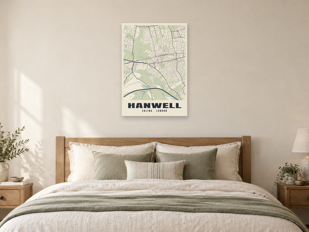 Hanwell Heritage Street Map Poster at A1, as a poster, above a bed
