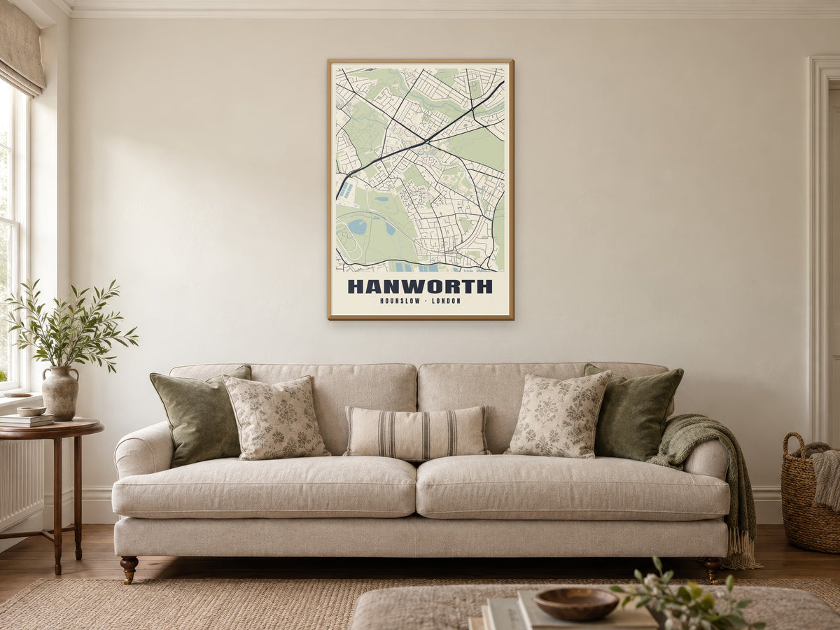 Hanworth Heritage Street Map Poster at A1, in a natural wood frame, in a sitting room