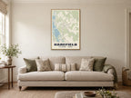 Harefield Heritage Street Map Poster at A1, in a natural wood frame, in a sitting room
