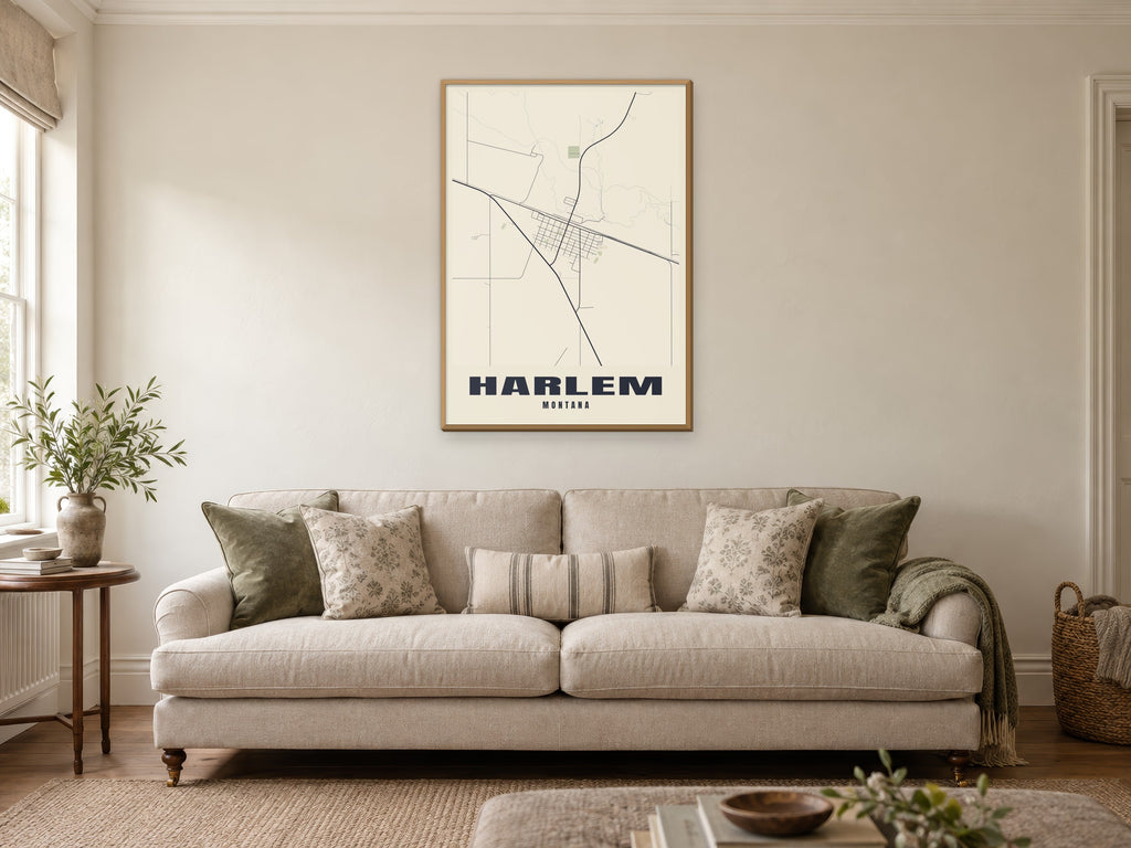 Harlem Street Map Poster at A1, in a natural wood frame, in a sitting room