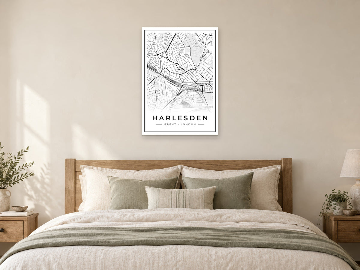 Harlesden Street Map Poster at A1, as a poster, above a bed