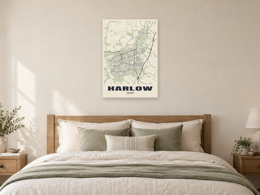 Harlow Street Map Poster at A1, as a poster, above a bed