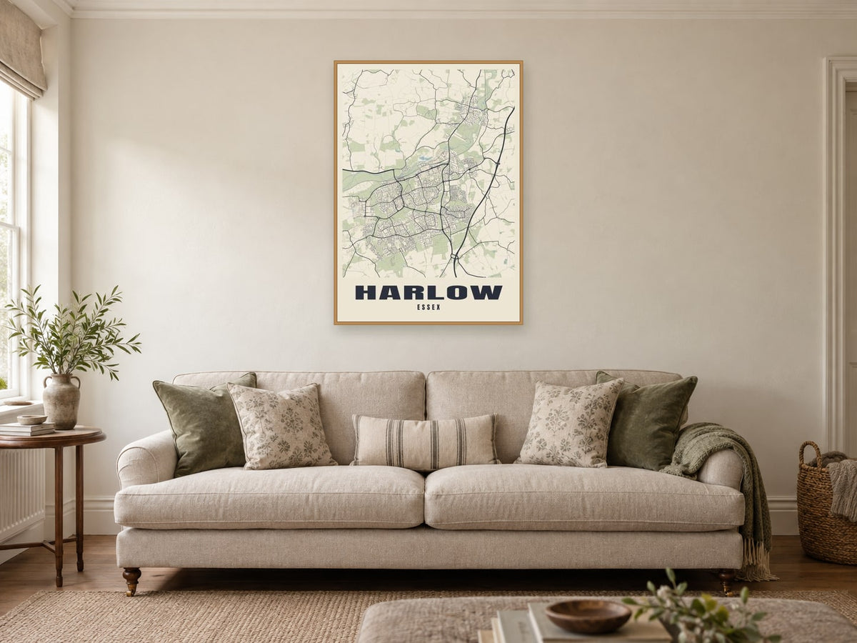 Harlow Street Map Poster at A1, in a natural wood frame, in a sitting room
