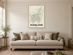 Harlow Street Map Poster at A1, in a natural wood frame, in a sitting room