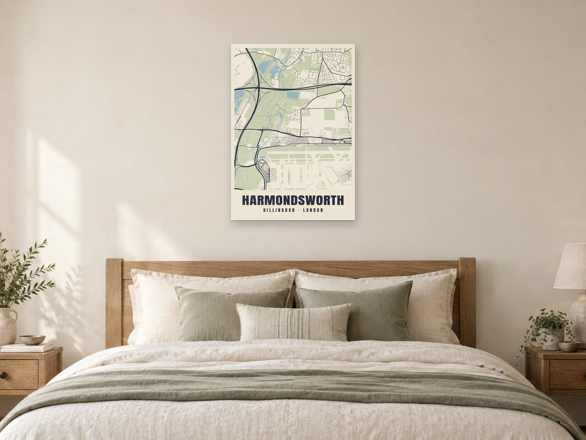 Harmondsworth Heritage Street Map Poster at A1, as a poster, above a bed