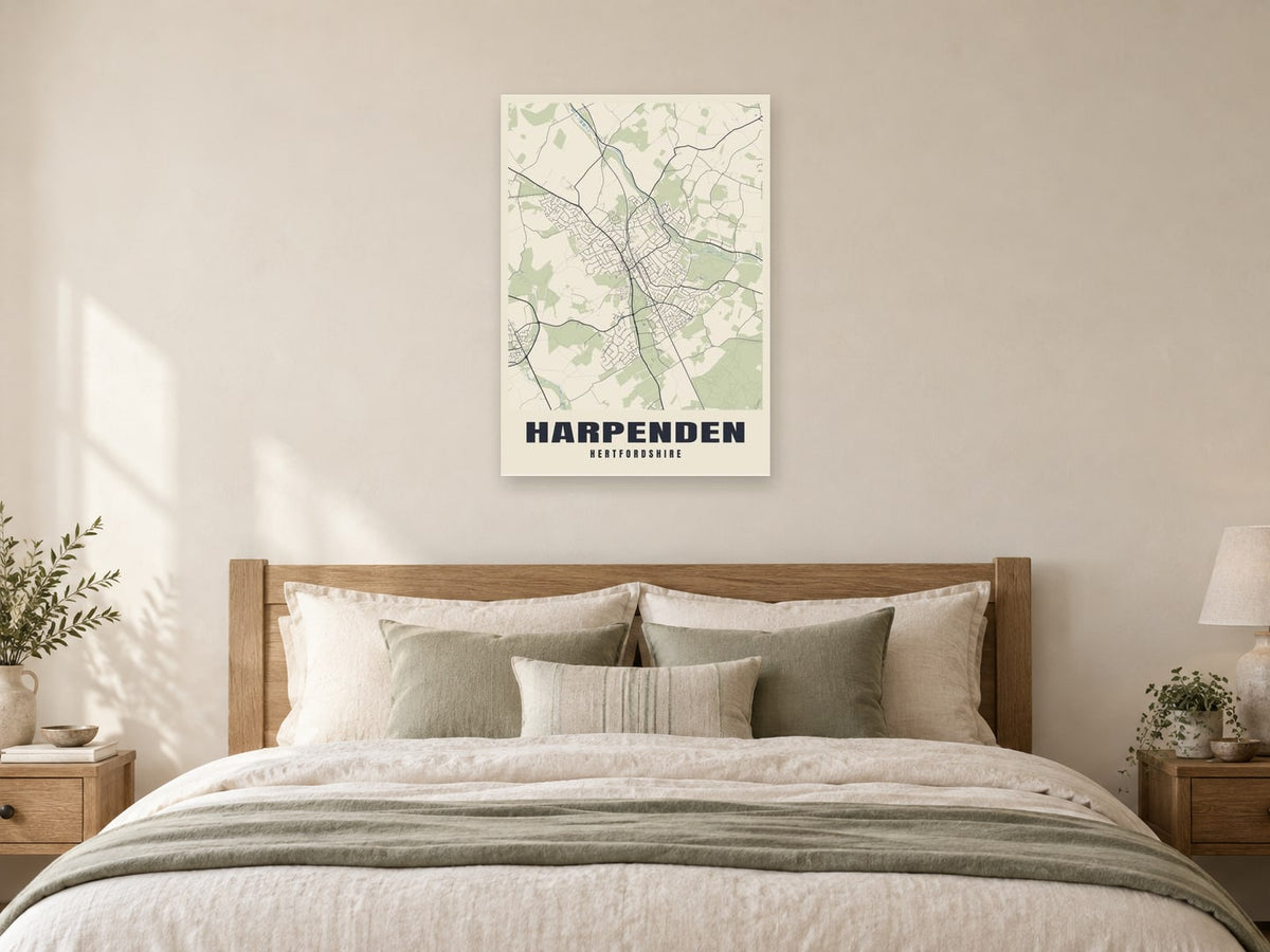 Harpenden Street Map Poster at A1, as a poster, above a bed