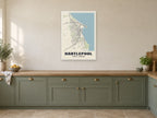Hartlepool Street Map Poster at A1, in a white frame, in a kitchen