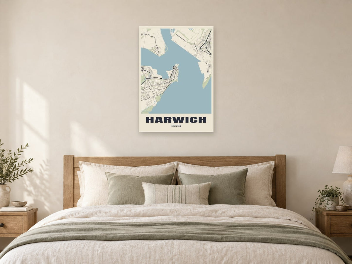 Harwich Street Map Poster at A1, as a poster, above a bed