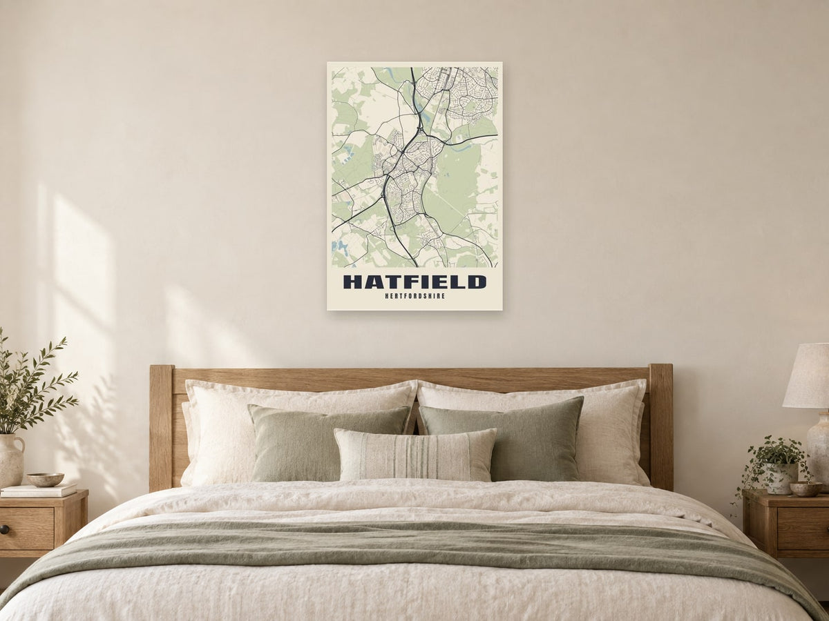 Hatfield Street Map Poster at A1, as a poster, above a bed