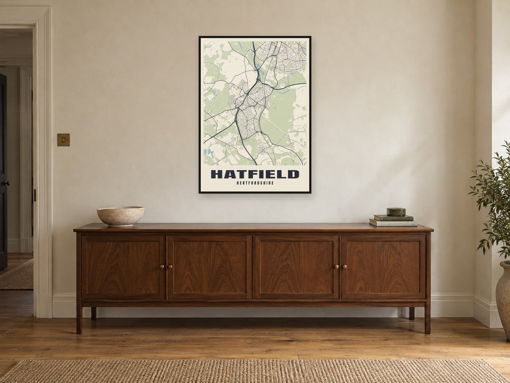 Hatfield Street Map Poster at A1, in a black frame, above a sideboard