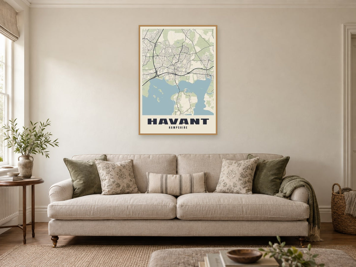 Havant Street Map Poster at A1, in a natural wood frame, in a sitting room