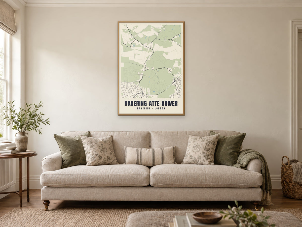 Havering-atte-Bower Heritage Street Map Poster at A1, in a natural wood frame, in a sitting room