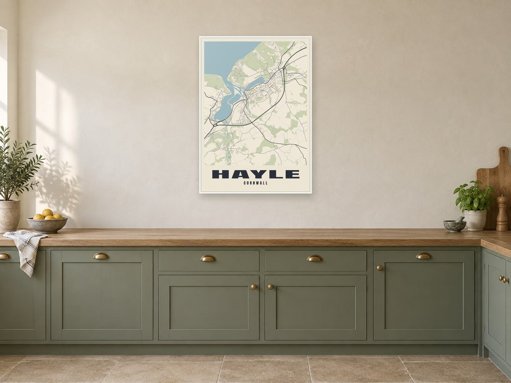 Hayle Street Map Poster at A1, in a white frame, in a kitchen
