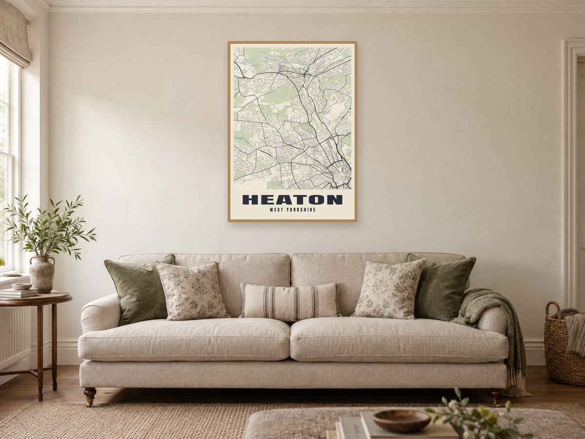 Heaton Street Map Poster at A1, in a natural wood frame, in a sitting room