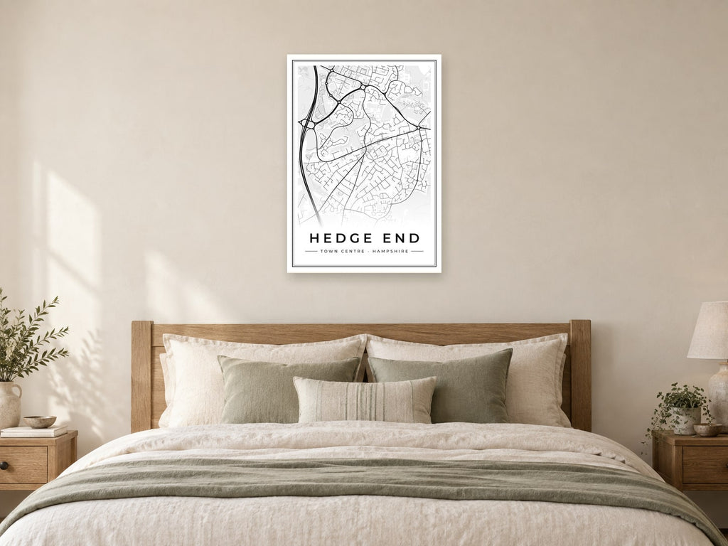 Hedge End Town Centre Street Map Poster at A1, as a poster, above a bed