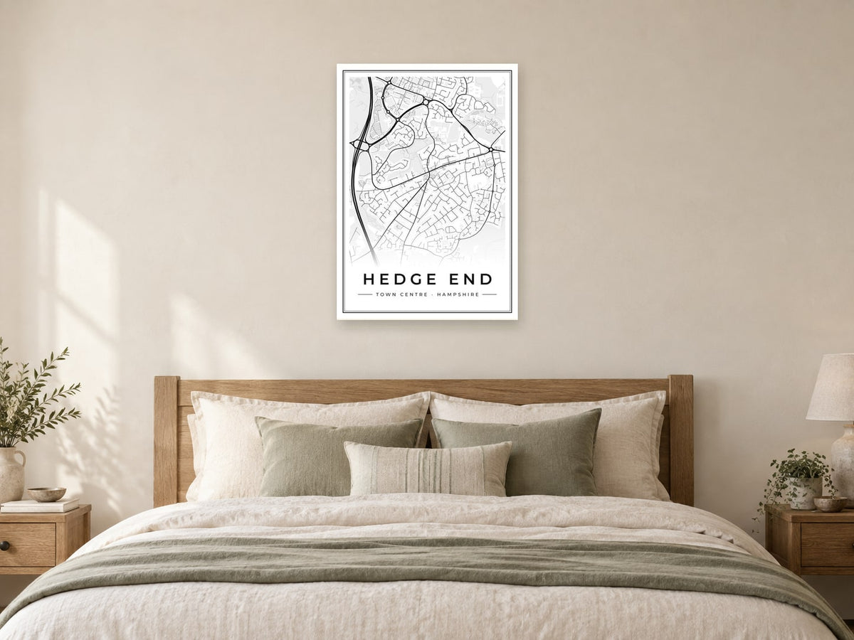 Hedge End Town Centre Street Map Poster at A1, as a poster, above a bed