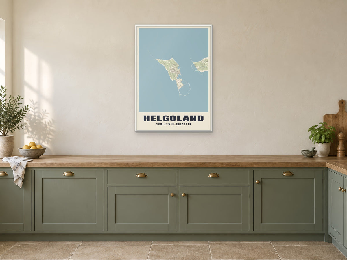 Helgoland Street Map Poster at A1, in a white frame, in a kitchen