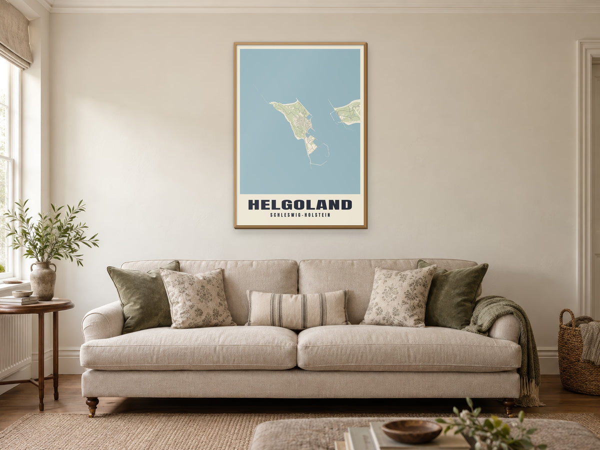 Helgoland Street Map Poster at A1, in a natural wood frame, in a sitting room