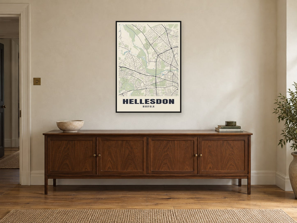 Hellesdon Street Map Poster at A1, in a black frame, above a sideboard