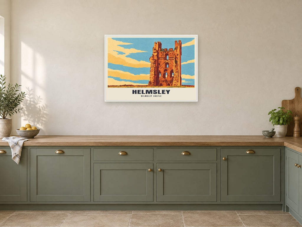 Helmsley Castle Poster at A1, in a white frame, in a kitchen