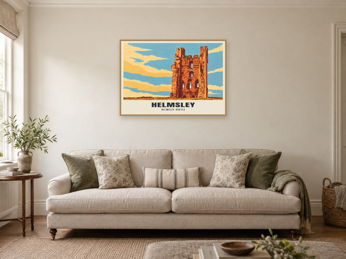 Helmsley Castle Poster at A1, in a natural wood frame, in a sitting room